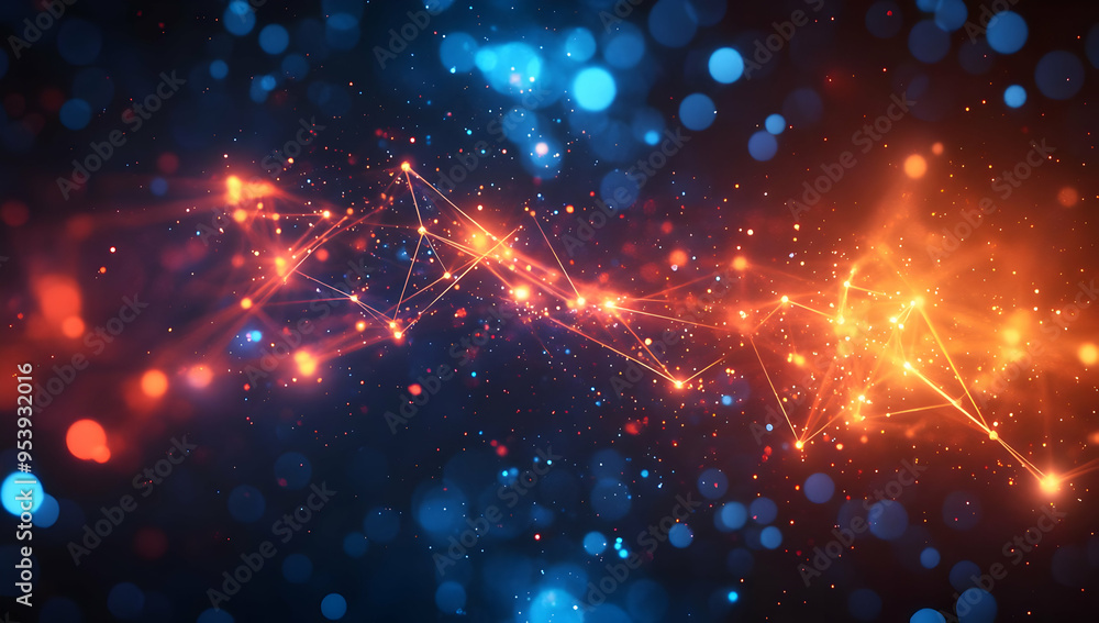 Poster dynamic abstract background featuring vibrant blue and orange bokeh lights and interconnected glowin