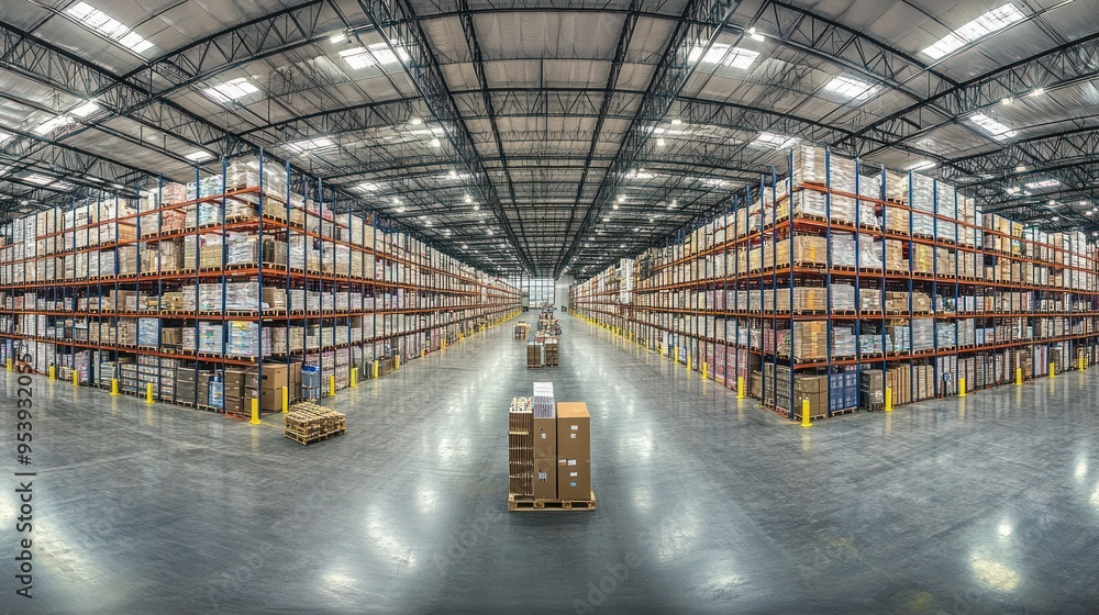 Poster expansive warehouse interior with rows of shelving and packed boxes