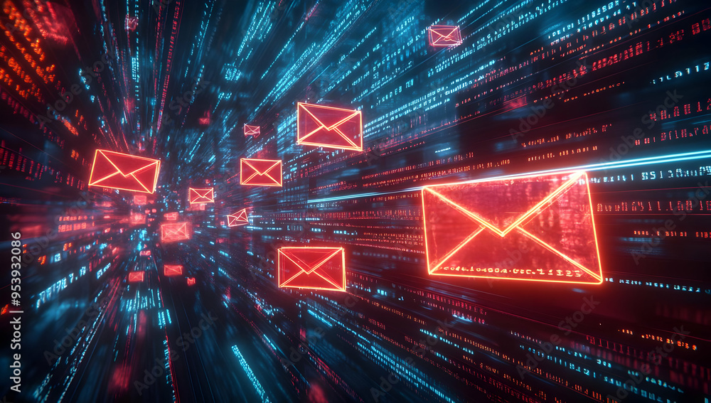Poster dynamic composition of email icons in a digital matrix, illustrating fast data transfer and communic