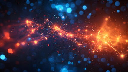 Obraz premium Dynamic abstract background featuring vibrant blue and orange bokeh lights and interconnected glowing lines, perfect for technology themes.