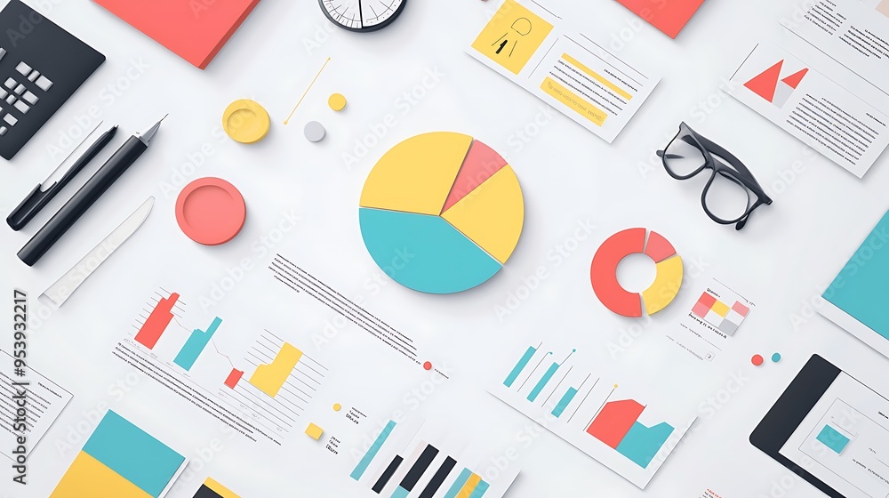 Poster flat lay of a business desk with charts and graphs