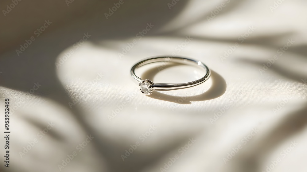 Poster minimalist silver ring with a small sparkling gemstone set against a simple pristine white backgroun