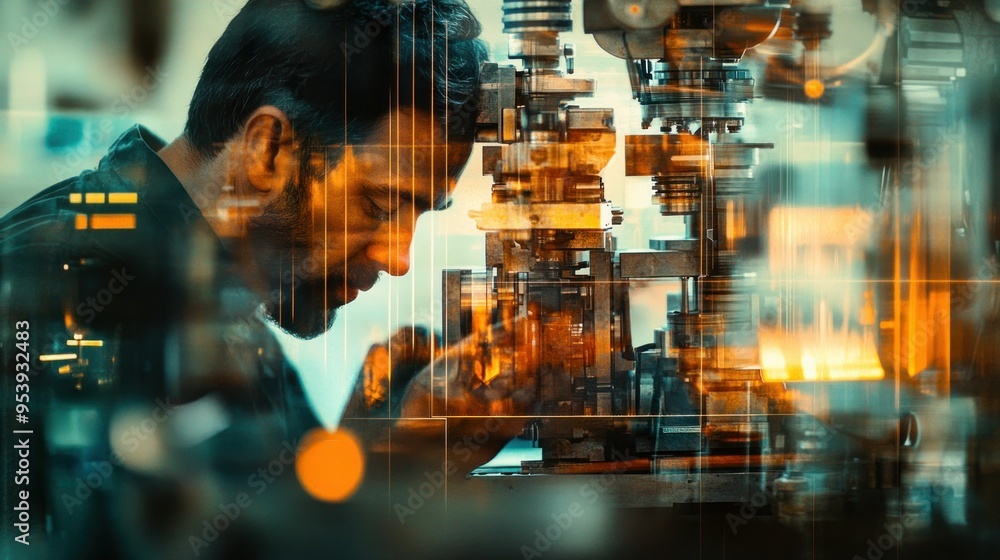 Poster a man working on a machine with an abstract overlay