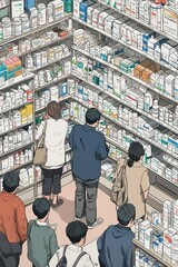 Obraz premium Customers in a Vibrant Pharmacy Adhering to Safety Measures and Purchasing Essential Medicines