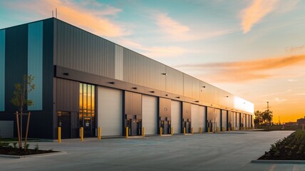 Modern Industrial Warehouse at Sunset: A sleek and contemporary industrial warehouse bathed in the warm glow of a setting sun, promising efficiency, innovation, and boundless potential. 
