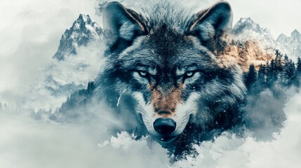 Angry Wolf Portrait in Mountain Landscape, Double Exposure Concept for Wildlife Photography and Norse Mythology Generative AI