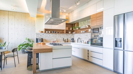 Modern Minimalist Kitchen: Spacious, light-filled kitchen boasts sleek design with white cabinets, wooden accents, and state-of-the-art appliances.