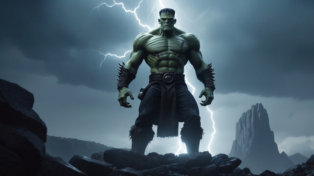 A powerful image of Frankenstein’s monster standing tall and defiant on a rocky hilltop during a raging thunderstorm. His neck bolts crackle with electricity as lightning strikes all around him, 