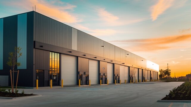 Modern Industrial Warehouse at Sunset: A sleek and contemporary industrial warehouse bathed in the warm glow of a setting sun, promising efficiency, innovation, and boundless potential. 