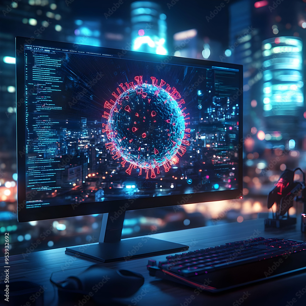 Poster futuristic computer setup showcasing vibrant digital data and graphics against a city skyline, perfe