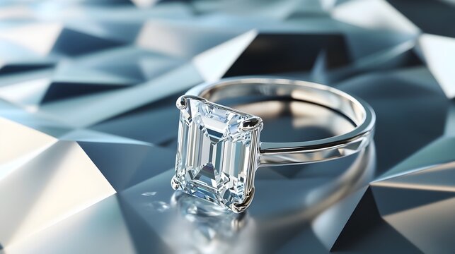Stunning emerald cut diamond ring set in a minimalist white gold band presented against a bold modern geometric background with sharp lines and a premium luxurious feel