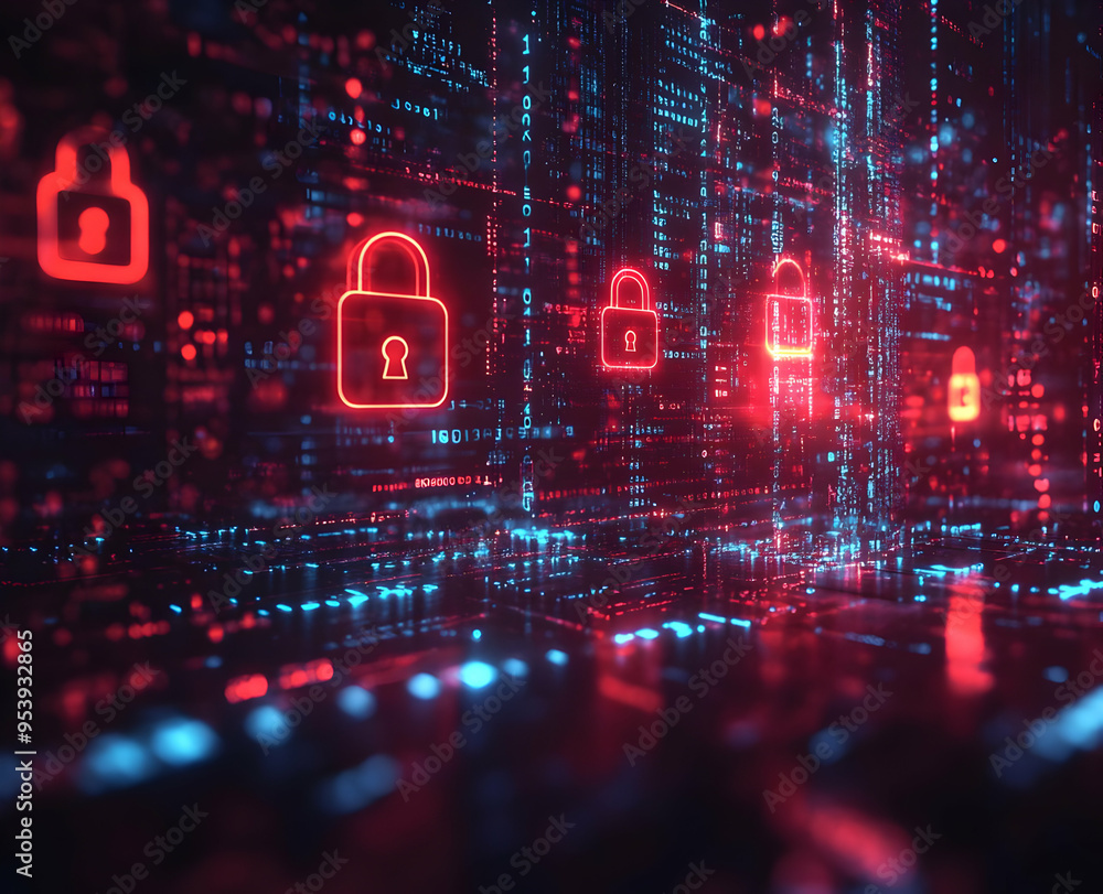 Poster futuristic digital locks illuminated in red, symbolizing cybersecurity and data protection in an int