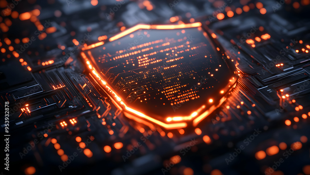 Poster futuristic digital shield with glowing circuitry, symbolizing cybersecurity and data protection in a