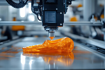 Innovative 3D printing technology creating a vibrant orange shoe prototype in a modern workshop.