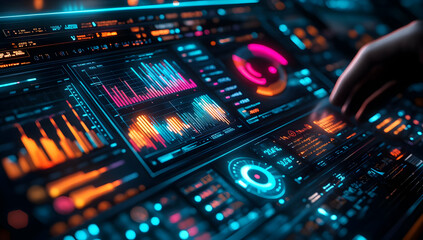 Interactive digital dashboard featuring colorful graphs, charts, and data visualization technology in a modern design.