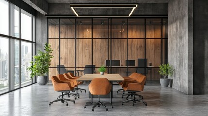 Fototapeta premium Modern wooden concrete and glass meeting room interior with furniture and partitions. Workplace concept. 3D Rendering