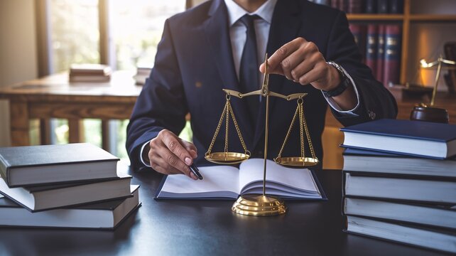 Scales of Justice, Pen in Hand: A lawyer meticulously reviews a case, the timeless symbol of justice taking center stage in his office. 