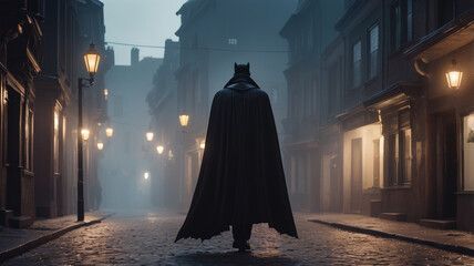 A sinister vampire with a billowing black cape and razor-sharp fangs emerges from the shadows of a narrow, cobblestone street on Halloween night. 