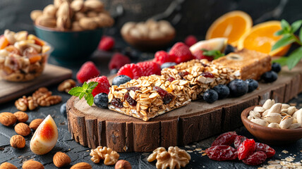 Healthy granola bars displayed with fresh fruits and assorted nuts on a wooden board