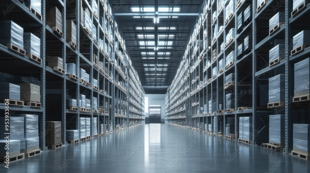 Poster rows of pallets and boxes in a modern warehouse