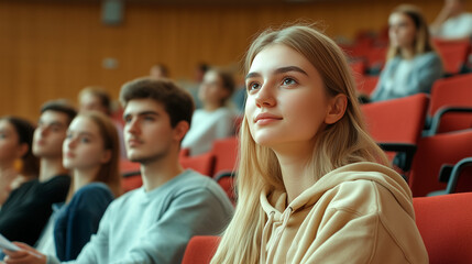 Fototapeta premium Students attentively listening to a lecture in a university auditorium on a sunny afternoon