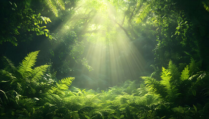 Fototapeta premium Serene forest scene with sunlight streaming through lush green leaves, creating a peaceful atmosphere and vibrant foliage.