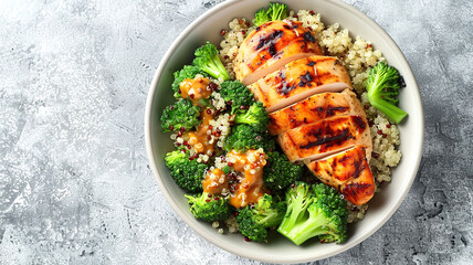 Grilled chicken breast served with quinoa and steamed broccoli for a healthy meal