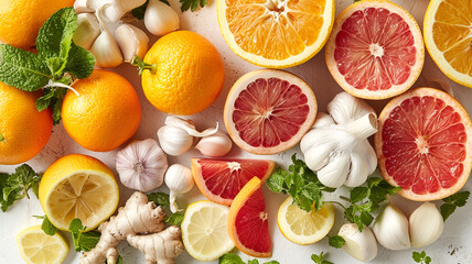 Fresh citrus fruits and garlic arranged artfully on a white surface