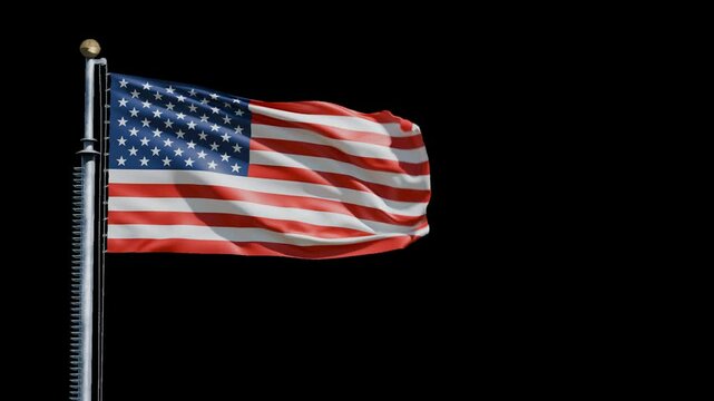 Raising the flag of USA on a transparent background 3d animation 4k alpha channel.