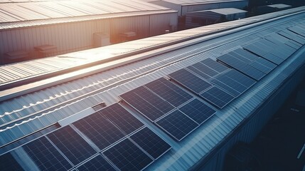 Obraz premium Solar panels installed on a roof of a large warehouse or industrial building. Industrial buildings in the background. Aerial view.