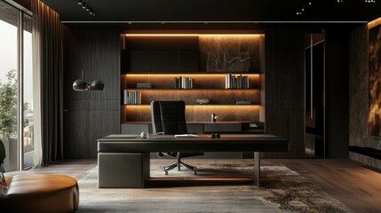 Fototapeta premium stylish luxury home office interior in an ultramodern brutal apartment in dark colors and cool led lighting
