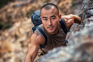 A man climbing up a rock face with a backpack
