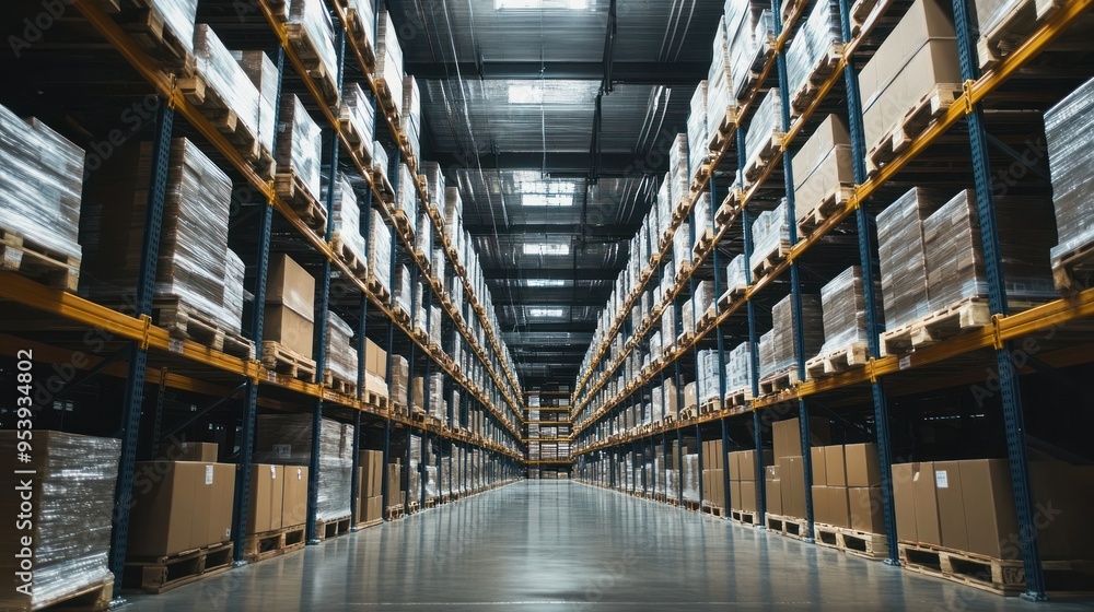 Poster rows of pallets stacked with cardboard boxes in a warehouse