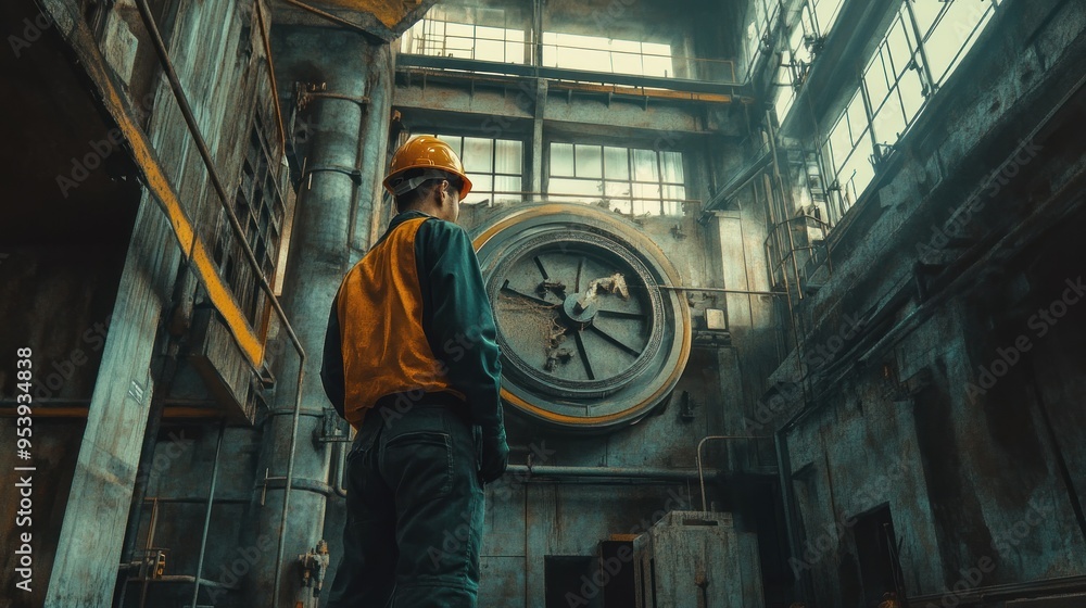 Poster industrial worker gazing at large gear in a factory setting