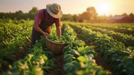 Farmer Harvesting Greens at Sunset