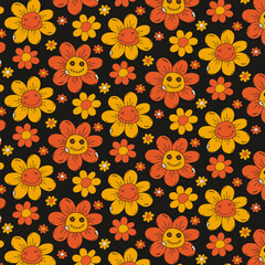 A pattern with bright Halloween colors on a dark background in a flat style