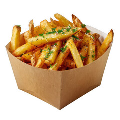 Flavorful Garlic Parmesan Fries in a Cardboard Box on Transparent Background