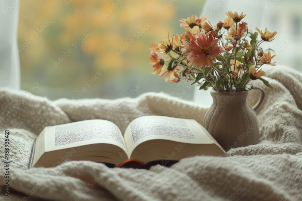 Poster open book resting on a knitted blanket near the window with a vase of flowers, creating a cozy atmos
