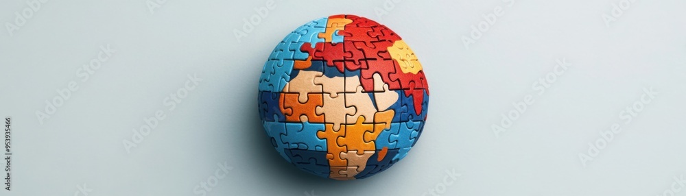 Poster multicolored puzzle pieces forming a globe, each piece representing different cultures and backgroun