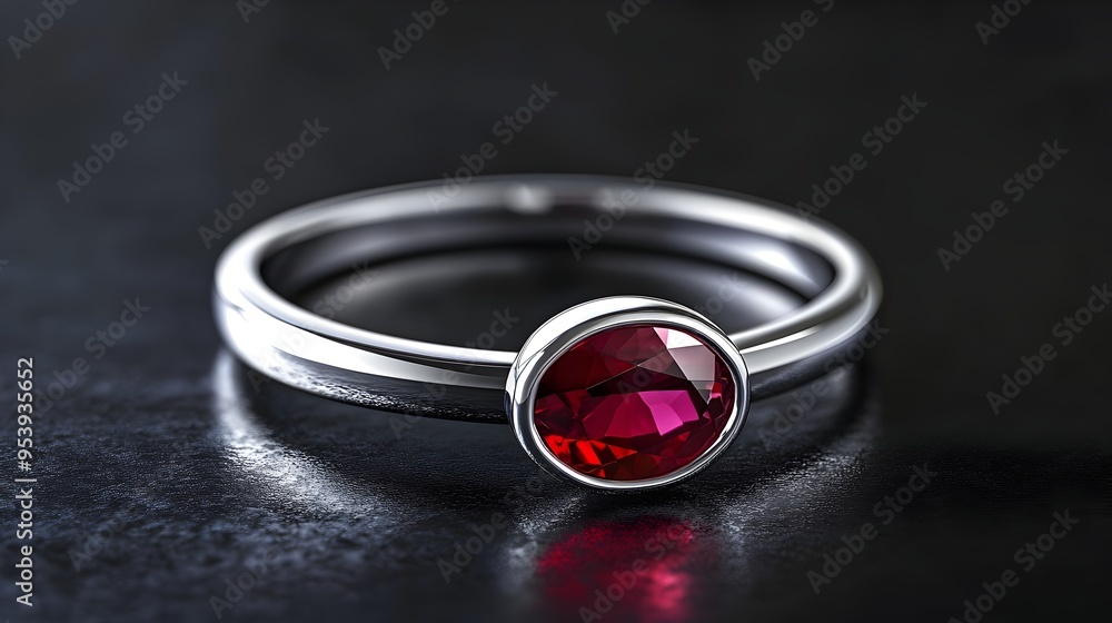 Poster showcasing a modern and sophisticated ruby ring with a vibrant oval cut ruby set in a sleek platinum