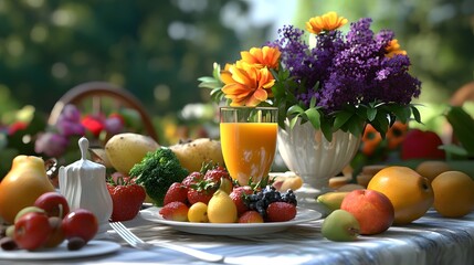 A colorful brunch table with 3D-rendered fresh fruits vegetables and weekly specials