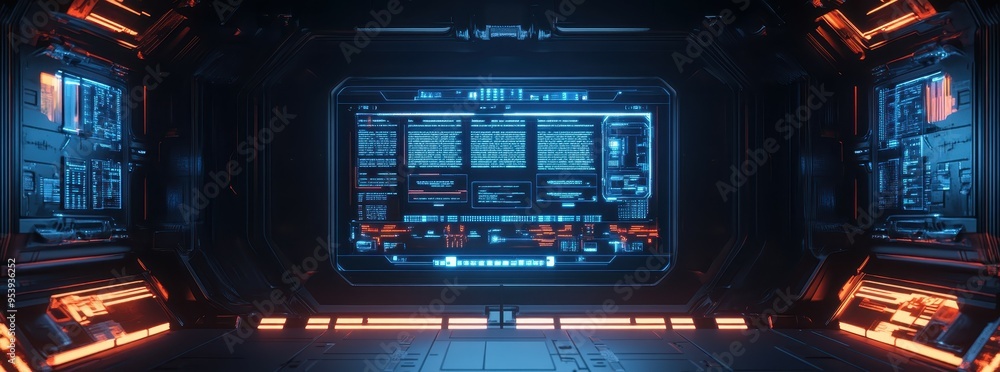 Poster futuristic spaceship command center with glowing screens and advanced technology, showcasing a high-