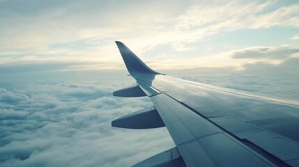 Airplane wing is flying above the clouds during a beautiful sunset