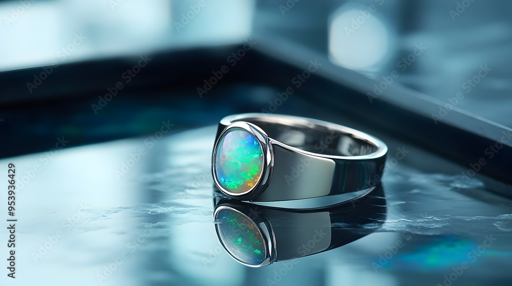 Poster exquisite opal ring in a sleek minimalist silver setting showcasing the mesmerizing play of colors w