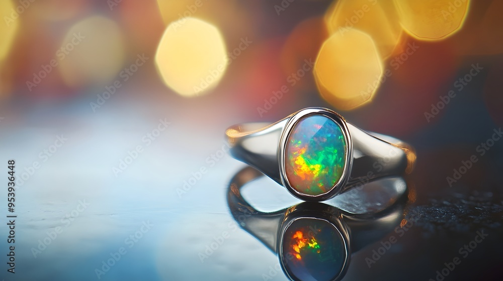 Poster exquisite modern opal ring with a minimalist silver setting displaying the mesmerizing play of color