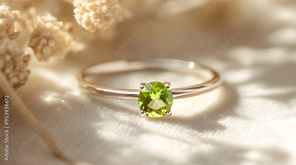 Poster elegant and minimalist peridot ring showcasing a single small peridot gemstone set in a slender plat