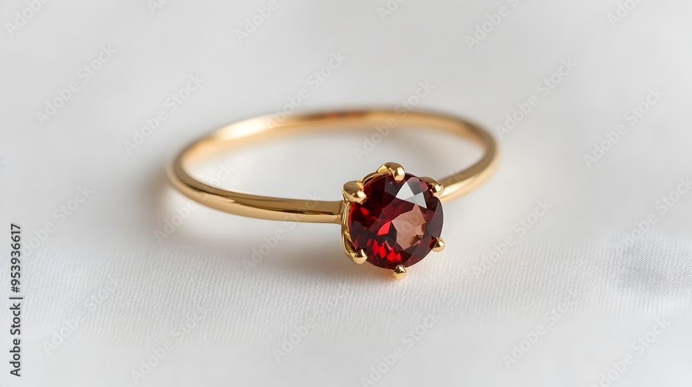 Aufkleber close up of a minimalist garnet ring with a thin gold band and a small round crimson gemstone lying 