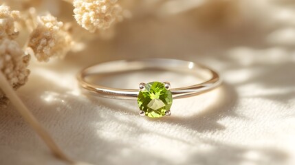 Elegant and minimalist peridot ring showcasing a single small peridot gemstone set in a slender platinum band displayed on a soft neutral backdrop for a serene and understated beauty