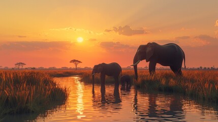 A family of elephants are standing in a river at sunset