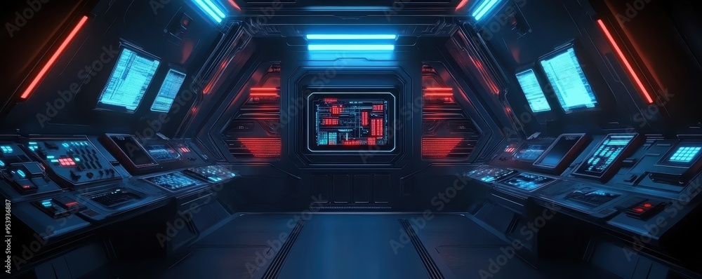 Aufkleber futuristic spaceship control room with advanced technology, illuminated by blue and red lights, feat